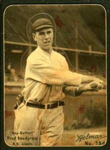 Picture of Helmar Brewing Baseball Card of Fred Snodgrass, card number 184 from series R318-Helmar Hey-Batter!