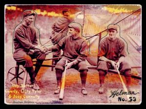 Picture of Helmar Brewing Baseball Card of Hank Gowdy; Lefty Tyler; Joe Connolly;, card number 53 from series R318-Helmar Hey-Batter!