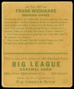 Picture, Helmar Brewing, R319-Helmar Card # 103, Frank Wickware, Holding Baseball, Mohawk Giants