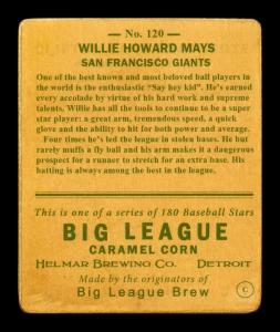 Picture, Helmar Brewing, R319-Helmar Card # 120, Willie MAYS (HOF), Portrait, San Francisco Giants