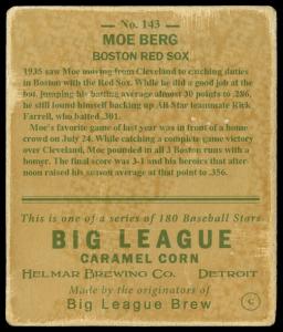 Picture, Helmar Brewing, R319-Helmar Card # 143, Moe Berg, Catching Stance, Boston Red Sox