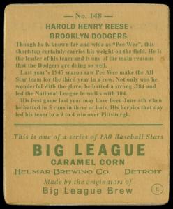 Picture, Helmar Brewing, R319-Helmar Card # 148, Pee Wee REESE (HOF), Portrait, Brooklyn Dodgers
