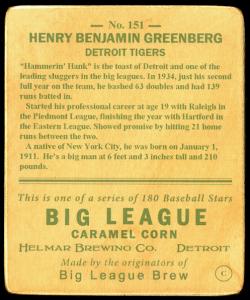 Picture, Helmar Brewing, R319-Helmar Card # 151, Hank GREENBERG (HOF), Bat Over Shoulder, Detroit Tigers