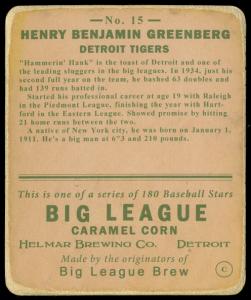 Picture, Helmar Brewing, R319-Helmar Card # 15, Hank GREENBERG (HOF), Portrait, Detroit Tigers