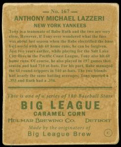 Picture, Helmar Brewing, R319-Helmar Card # 167, Tony LAZZERI (HOF), Bat Over Shoulder, New York Yankees