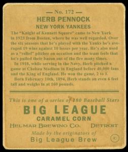 Picture, Helmar Brewing, R319-Helmar Card # 172, Herb PENNOCK (HOF), Portrait, Philadelphia Athletics