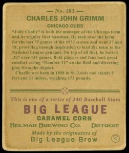 Picture, Helmar Brewing, R319-Helmar Card # 181, Charlie Grimm, Portrait, Chicago Cubs