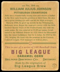 Picture, Helmar Brewing, R319-Helmar Card # 184, Judy JOHNSON (HOF), Hands On Knees, Pittsburgh Crawfords