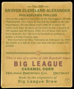 Picture, Helmar Brewing, R319-Helmar Card # 188, Grover Cleveland ALEXANDER (HOF), Bat Over Shoulder, Philadelphia Phillies