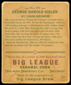 Picture, Helmar Brewing, R319-Helmar Card # 191, George SISLER (HOF), Batting Stance, St. Louis Browns