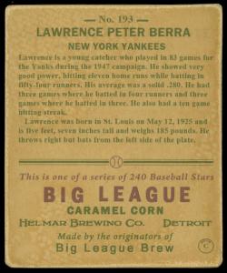 Picture, Helmar Brewing, R319-Helmar Card # 193, Yogi BERRA (HOF), Portrait, New York Yankees
