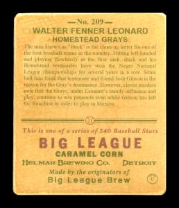 Picture, Helmar Brewing, R319-Helmar Card # 209, Buck LEONARD (HOF), Bat Over Shoulder, Homestead Grays