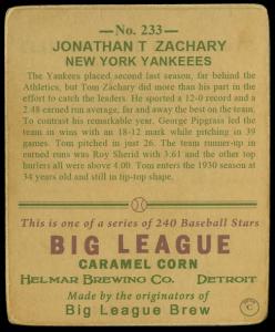 Picture, Helmar Brewing, R319-Helmar Card # 233, Tom Zachary, Portrait, New York Yankees
