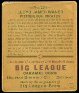 Picture, Helmar Brewing, R319-Helmar Card # 234, Lloyd WANER (HOF), Swinging, Pittsburgh Pirates