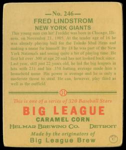 Picture, Helmar Brewing, R319-Helmar Card # 246, Fred LINDSTROM (HOF), Swinging, New York Giants