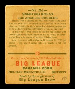 Picture, Helmar Brewing, R319-Helmar Card # 261, Sandy KOUFAX (HOF), Rubbing ball, Los Angeles Dodgers