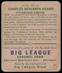 Picture, Helmar Brewing, R319-Helmar Card # 313, Babe Adams, Glove at chest, Pittsburgh Pirates