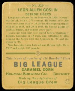 Picture, Helmar Brewing, R319-Helmar Card # 329, Goose GOSLIN (HOF), Bat on shoulder, Detroit Tigers
