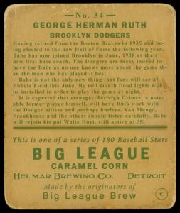 Picture, Helmar Brewing, R319-Helmar Card # 34, Babe RUTH (HOF), Waving in Runner, Brooklyn Dodgers