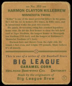 Picture, Helmar Brewing, R319-Helmar Card # 353, Harmon KILLEBREW (HOF), Two bats, Minnesota Twins