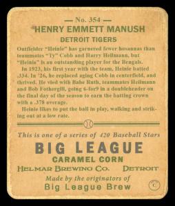 Picture, Helmar Brewing, R319-Helmar Card # 354, Heinie MANUSH (HOF), Throwing, Detroit Tigers