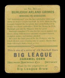 Picture, Helmar Brewing, R319-Helmar Card # 361, Burleigh GRIMES (HOF), In Dugout, Brooklyn Dodgers