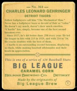 Picture, Helmar Brewing, R319-Helmar Card # 364, Charlie GEHRINGER, White hat, Detroit Tigers