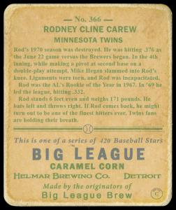 Picture, Helmar Brewing, R319-Helmar Card # 366, Rod CAREW (HOF), Looking left, Minnesota Twins