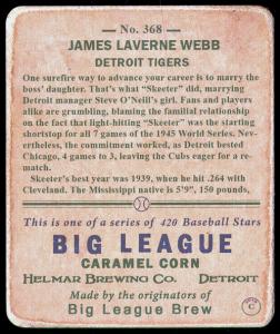 Picture, Helmar Brewing, R319-Helmar Card # 368, Skeeter Webb, Portrait, Detroit Tigers