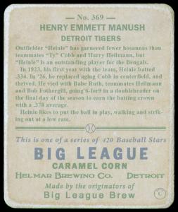 Picture, Helmar Brewing, R319-Helmar Card # 369, Heinie MANUSH (HOF), Portrait, Detroit Tigers