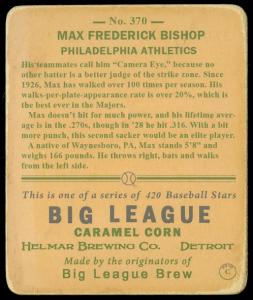 Picture, Helmar Brewing, R319-Helmar Card # 370, Max Bishop, Batting follow through, Philadelphia Athletics