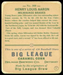 Picture, Helmar Brewing, R319-Helmar Card # 388, Hank AARON (HOF), Chest Up, elbow clipped, Milwaukee Braves