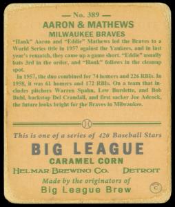 Picture, Helmar Brewing, R319-Helmar Card # 389, Eddie MATHEWS, Hank AARON, Bats on shoulders, Milwaukee Braves