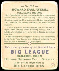 Picture, Helmar Brewing, R319-Helmar Card # 395, Earl AVERILL, Head & Shoulders, striped uni, Cleveland Indians
