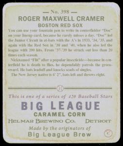 Picture, Helmar Brewing, R319-Helmar Card # 398, Doc Cramer, Blue purple buildings, Boston Red Sox