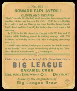 Picture, Helmar Brewing, R319-Helmar Card # 402, Earl AVERILL, Bat on shoulder, trees, Cleveland Indians