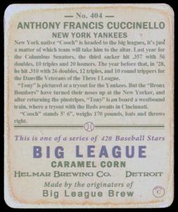 Picture, Helmar Brewing, R319-Helmar Card # 404, Tony Cuccinello, Brown fence, New York Yankees