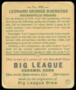 Picture, Helmar Brewing, R319-Helmar Card # 408, Len Koenecke, Chest up, Indianapolis Indians