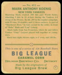 Picture, Helmar Brewing, R319-Helmar Card # 411, Mark Koenig, Leaning back, New York Yankees