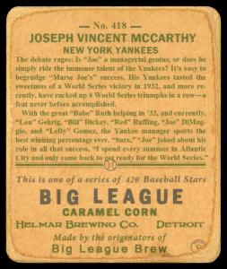 Picture, Helmar Brewing, R319-Helmar Card # 418, Joe McCARTHY, Head shot, looking up, New York Yankees