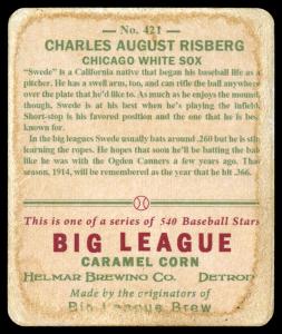 Picture, Helmar Brewing, R319-Helmar Card # 421, Swede Risberg, Head & Shoulders, White uni, Chicago White Sox