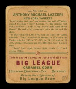 Picture, Helmar Brewing, R319-Helmar Card # 422, Tony LAZZERI (HOF), Catching crouch, New York Yankees