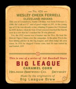 Picture, Helmar Brewing, R319-Helmar Card # 426, Wes Ferrell, Portrait, Cleveland Indians