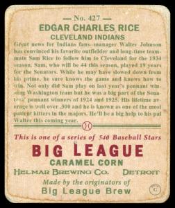 Picture, Helmar Brewing, R319-Helmar Card # 427, Sam RICE (HOF), Portrait, Cleveland Indians