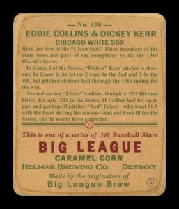 Picture, Helmar Brewing, R319-Helmar Card # 438, Eddie COLLINS, Dickie Kerr, Against fence, Chicago White Sox