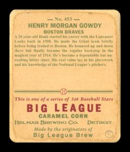 Picture, Helmar Brewing, R319-Helmar Card # 453, Hank Gowdy, Wearing practice uniform , Boston Braves