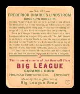 Picture, Helmar Brewing, R319-Helmar Card # 471, Fred LINDSTROM (HOF), Portrait, Brooklyn Dodgers