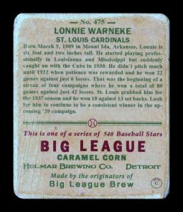 Picture, Helmar Brewing, R319-Helmar Card # 475, Lonnie Warneke, Portrait, St. Louis Cardinals