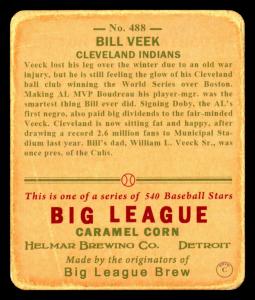 Picture, Helmar Brewing, R319-Helmar Card # 488, BILL VEEK (HOF), Shirtsleeves, Cleveland Indians