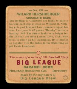 Picture, Helmar Brewing, R319-Helmar Card # 491, Willard Hershberger, Leaning back, putting on gear, Cincinnati Reds